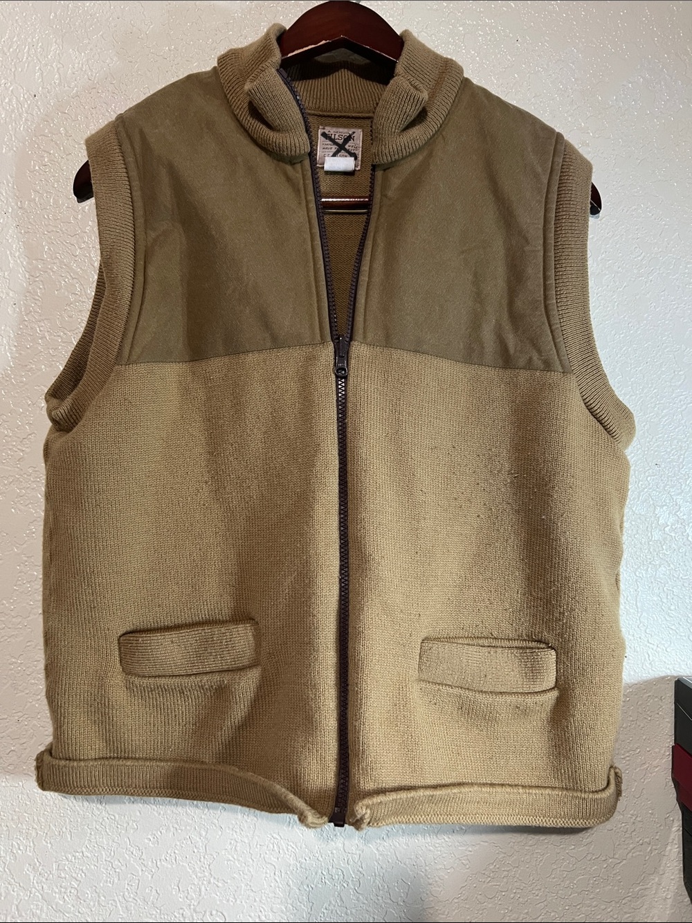 Filson Tan Olive Quilted-Yoke Knit Vest